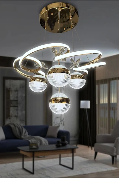 3 Renk Kumandalı Modern Sarkıt 4 Toplu Kelebekli Ledli Avize Gold ürün görseli 1