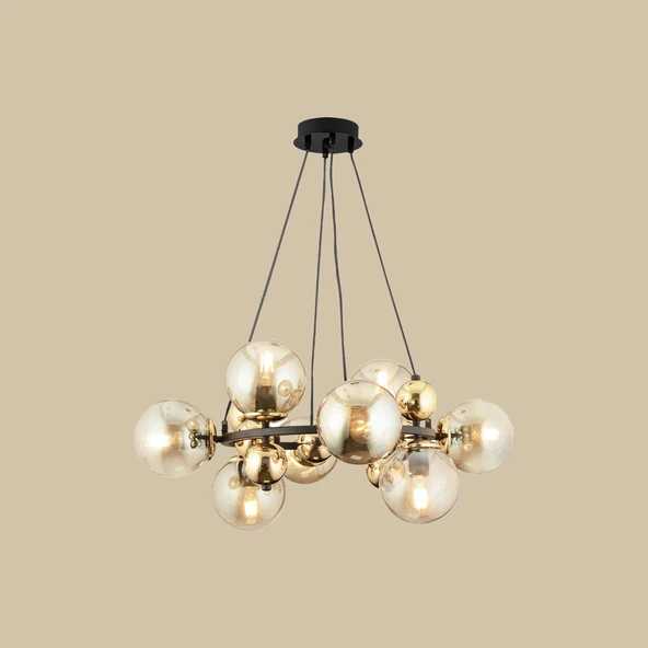 Sekizli Yuvarlak Camlı Avize Siyah-Gold (70x75 cm) ürün görseli 1