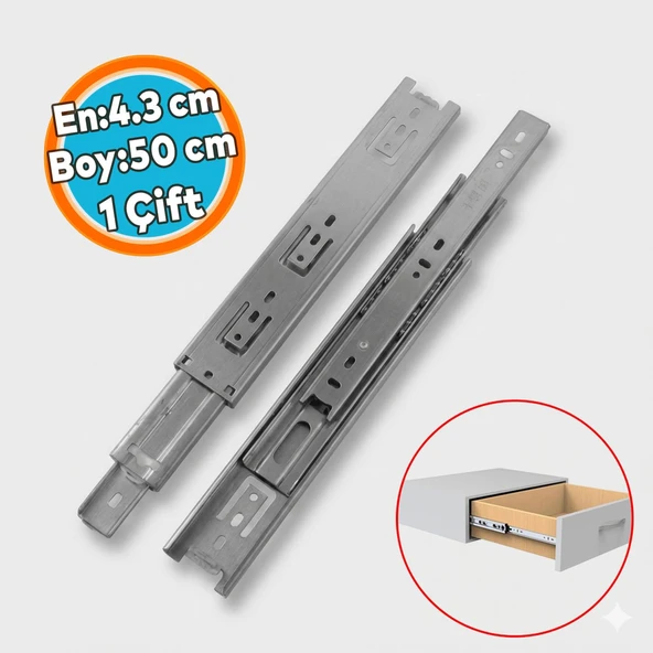 (1 Çift) Bilyalı Dolap Çekmece Rayı Metal En 4.3 cm Uzunluk 50 cm Gardrop Mutfak Dolabı ürün görseli 1