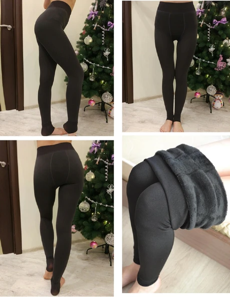 Kalın Kışlık Içi Peluş Polarlı Çift Dikişli Siyah Toparlayıcı Termal Tayt ürün görseli 1
