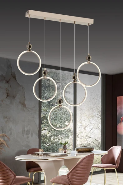 Modern Beşli Yuvarlak Üç Renkli Gold Yemek Odası Led Avize ürün görseli 1