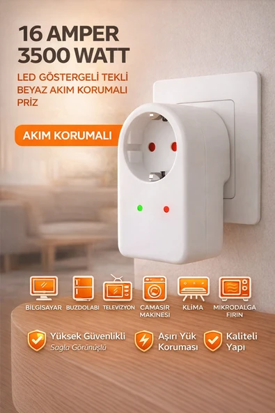 Tekli Akım Korumalı Priz 16 Amper 3500 Watt LED Göstergeli Tekli Beyaz Aşırı Yük Korumalı Priz ürün görseli 1