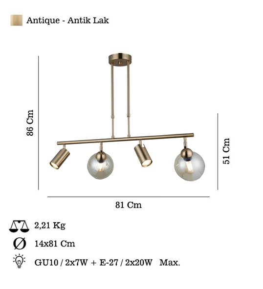 Kero 2+2 Antık Lak Sıralı Avize - Resim 2