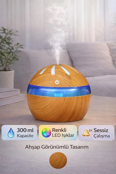 Ahşap Tasarımlı Aroma Koku Difüzörü Mini Hava Nemlendirici Buhar Makinesi 300ml Led Işık Buhurdanlık Dekoratif Hediyelik ürün görseli 1