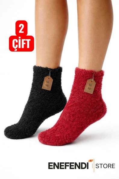 2 Çift Termal Kışlık Peluş Unisex Çorap - Dikişsiz Tüylü Ev ve Parti Çorabı (Kırmızı-Siyah) 36-41 ürün görseli 1