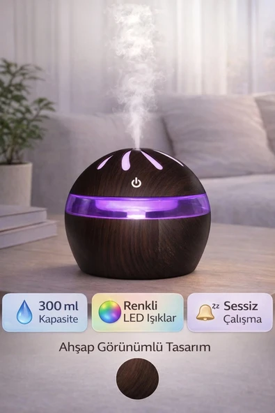 Ahşap Tasarımlı Aroma Koku Difüzörü Mini Hava Nemlendirici Buhar Makinesi 300ml Led Işık Buhurdanlık Dekoratif Hediyelik ürün görseli 1