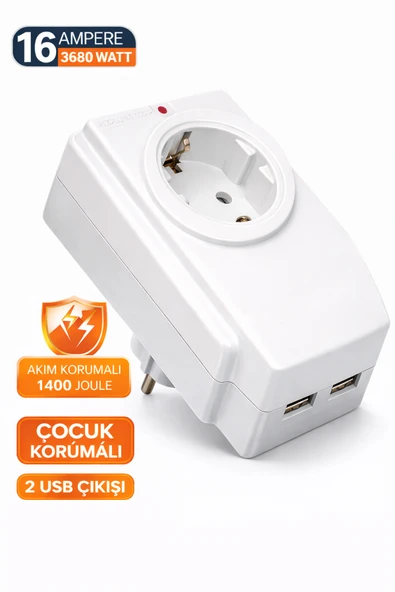 16 Amper 3680 Watt Tekli Akım Korumalı Priz 2 USB Çıkışlı Çocuk Korumalı 1400 Joule ürün görseli 1