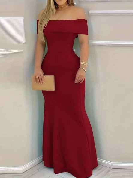 Kadın Kısa Kollu Madonna Yaka Belden Oturtmalı Uzun Ithal Krep Elbise ürün görseli 1