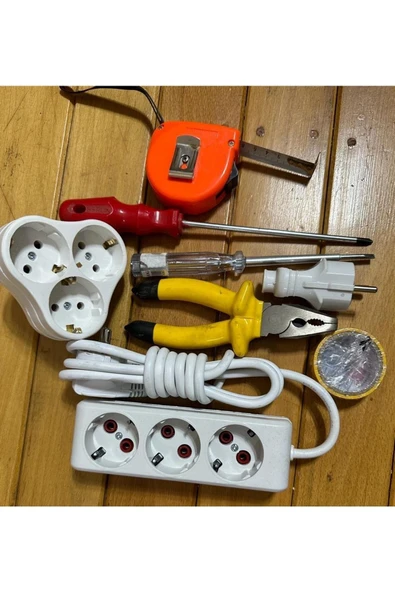 SERMER PAZARLAMA 8 Parça Birden 2 Metre Üçlü 1 Adet Golyat Pense Kontrol Kalemi Yıldız Tornavida 5 Metrelik Metre Fiş ürün görseli 1