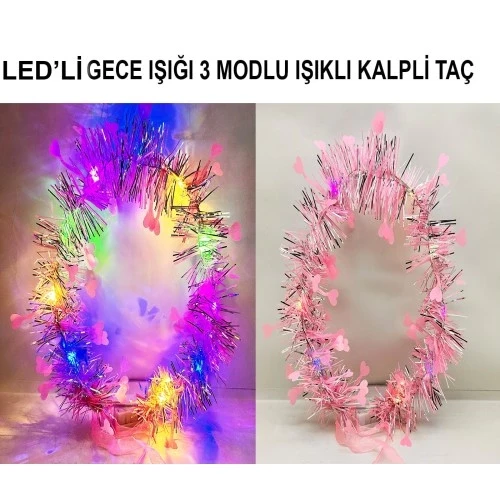 Kalp Püsküllü 3 Modlu LED Işıklı Taç Pembe Renk ürün görseli 1
