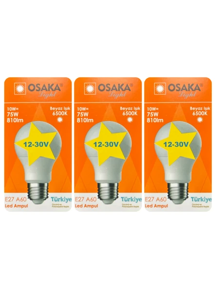 (3 Adet) Osaka 12VOLT 10W (75W) Beyaz Işık (6500K) E27 Duylu (Kalın Duy) Led Ampul ürün görseli 1