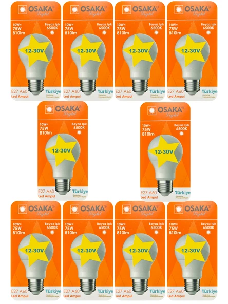 (10 Adet) Osaka 12VOLT 10W (75W) Beyaz Işık (6500K) E27 Duylu (Kalın Duy) Led Ampul ürün görseli 1