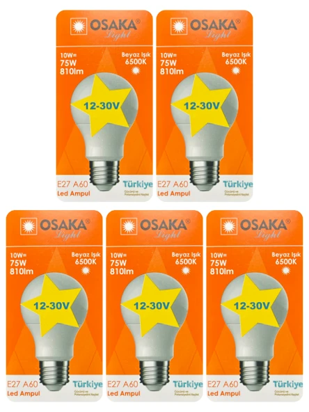 (5 Adet) Osaka 12VOLT 10W (75W) Beyaz Işık (6500K) E27 Duylu (Kalın Duy) Led Ampul ürün görseli 1