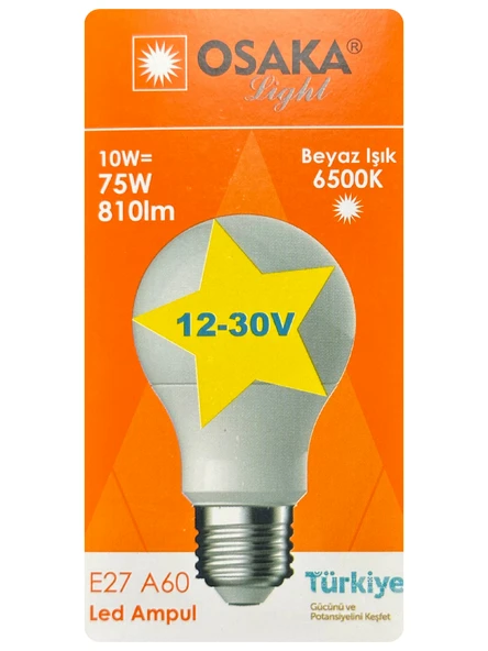 (1 Adet) Osaka 12VOLT 10W (75W) Beyaz Işık (6500K) E27 Duylu (Kalın Duy) Led Ampul ürün görseli 1