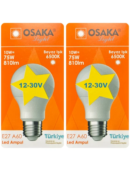 (2 Adet) Osaka 12VOLT 10W (75W) Beyaz Işık (6500K) E27 Duylu (Kalın Duy) Led Ampul ürün görseli 1