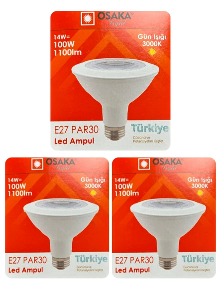 (3 Adet) Osaka 14W (100W) Sarı Işık (3000K) E27 Duylu (Kalın Duy) Led PAR30 Ampul ürün görseli 1