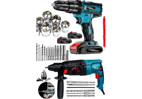 Lieber German Süper 2li 1500 Watt 2.28 Kırıcı Delici Matkap & 2x Akülü Şarjlı Vidalama Matkap 30 Pcs Set ürün görseli 1