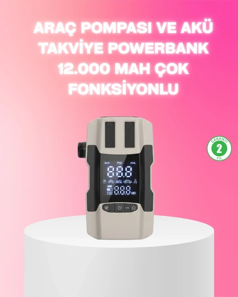 Araç Hava Pompası ve Akü Takviye Powerbank 12.000 mAh Çok Fonksiyonlu ürün görseli 1