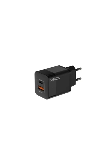 shaza Çift Çıkışlı Usb QC3.0& Type-C PD Gan 20W Şarj Adaptörü Siyah ürün görseli 1