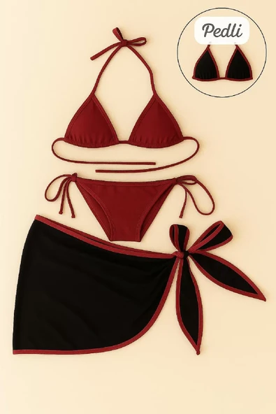 Kadın Bordo Siyah Pareolu Yandan ve Boyundan Bağlamalı 3'lü Bikini Takımı ürün görseli 1