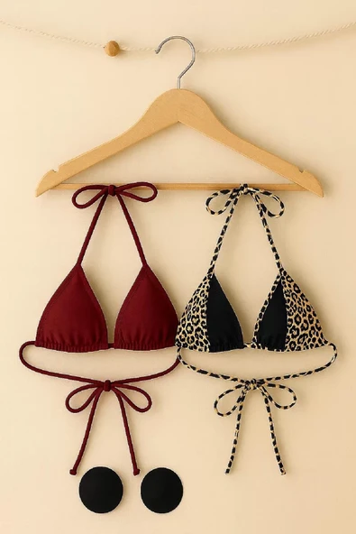 Kadın Leopar Desenli ve Bordo Minimal Kesim Üçgen Bikini Üstü ürün görseli 1