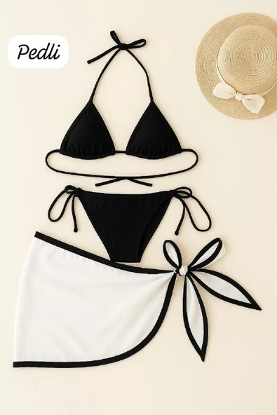 Kadın Siyah Beyaz Pareolu Yandan ve Boyundan Bağlamalı 3'lü Bikini Takımı ürün görseli 1