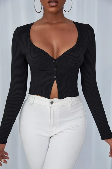 Kadın Siyah Uzun Kollu Düğmeli Göğüs ve Göbek Dekolteli Crop Top Bluz ürün görseli 1