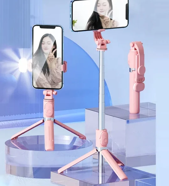 S03 LED Işıklı Tripod Bluetooth Kumandalı Üçü Birarada Selfie Çubuğu Monopod ( Pembe ) ürün görseli 1