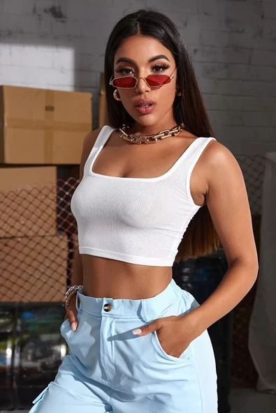 Kadın Beyaz Kalın Askılı Crop Top Büstiyer - Resim 4