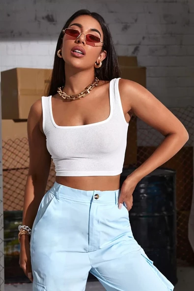 Kadın Beyaz Kalın Askılı Crop Top Büstiyer ürün görseli 1