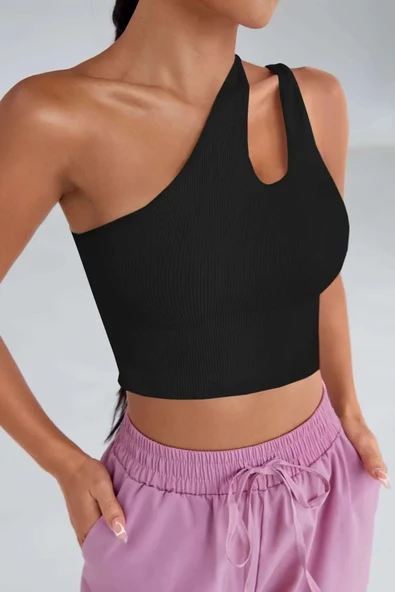 Kadın Siyah Tek Omuz Cut Out Detaylı Crop Top Bluz ürün görseli 1