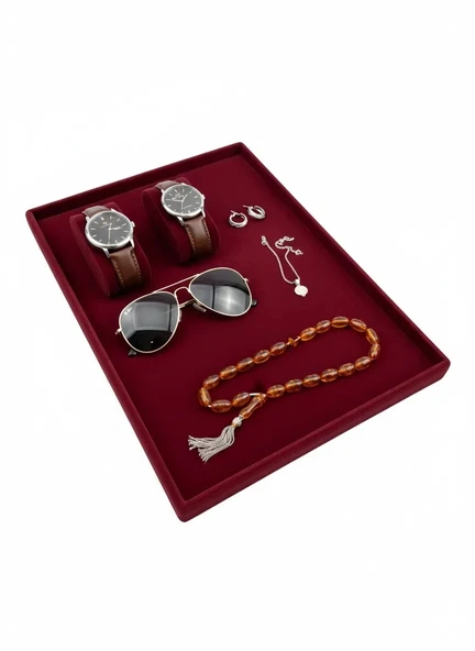 Süet Kumaş Bordo Renk 34/24 cm Takı Servis Sunum Tablası ürün görseli 1