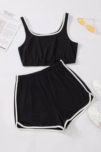 Kadın Siyah Askılı Crop Top ve Şortlu Gecelik Takım ürün görseli 1