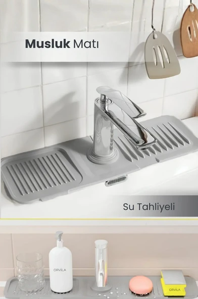 Elastik Musluk Matı Su Tutucu Düzenleyici Kaydırmaz Taban Organizer Mutfak Banyo Lavabo GRİ ürün görseli 1