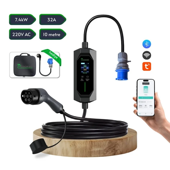 Cks Enerji Elektrikli Araba Taşınabilir Şarj Cihazı 7 kw / 32A / Tip-2 / 3x32A Fiş / Monofaze/Çantalı / Ev Tipi Dönüştürücü Kablolu (10 METRE KABLO) ürün görseli 1