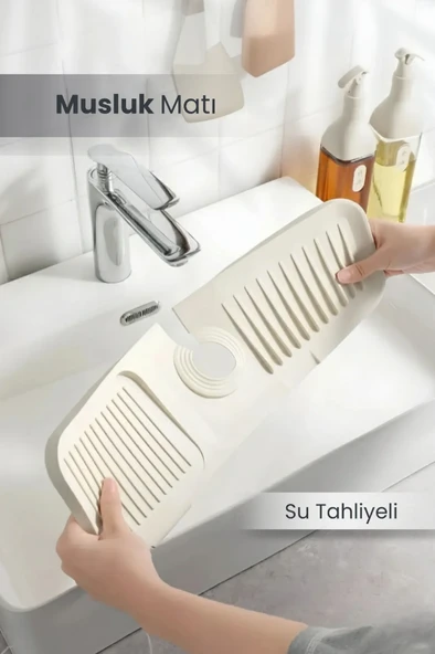 Elastik Musluk Matı Su Tutucu Düzenleyici Kaydırmaz Taban Organizer Mutfak Banyo Lavabo BEYAZ ürün görseli 1