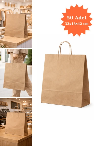 Burgu Saplı Kraft Çanta Kağıt Poşet Butik Mağaza Hediye Tatlı Torbası 33x18x42 cm 50Li ürün görseli 1