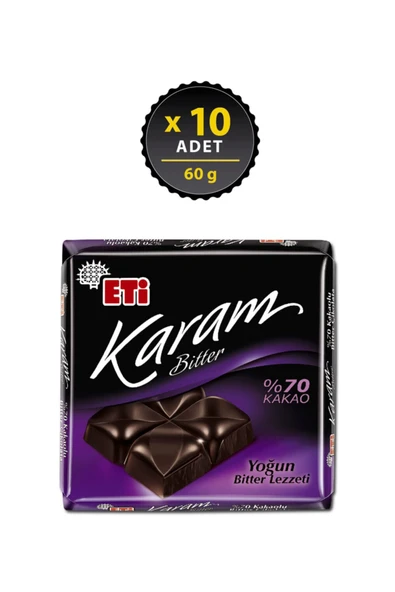 Eti Karam %70 Kakaolu Bitter Çikolata 60 g x 10 Adet ürün görseli 1