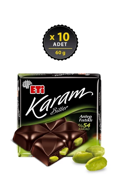 Eti Karam %54 Kakaolu Antep Fıstıklı Bitter Çikolata 60 g x 10 Adet ürün görseli 1