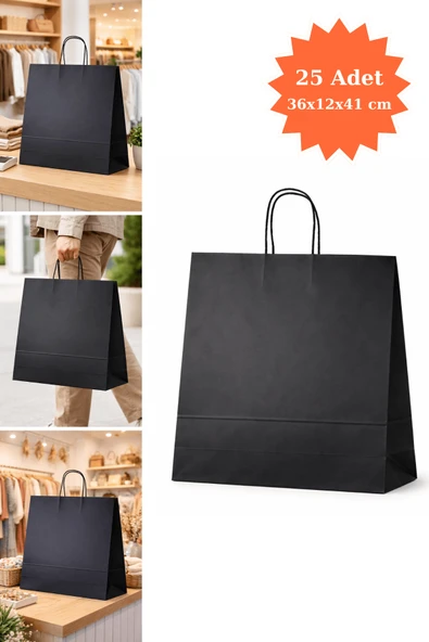 Elit Burgu Saplı Kraft Çanta Mavi FSC Sertifikalı Kağıt Poşet Butik Hediye Torbası 36x12x41 cm 25Li ürün görseli 1