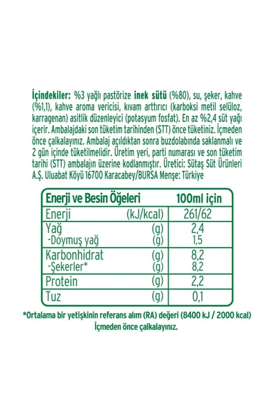 Sütaş Latte 1 Litre X 2 Adet - Resim 3