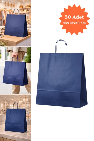 Elit Burgu Saplı Kraft Çanta Mavi FSC Sertifikalı Kağıt Poşet Butik Hediye Torbası 45x15x50 cm 50Li ürün görseli 1