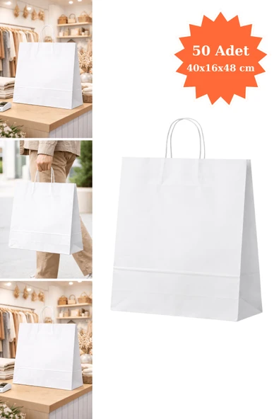 Burgu Saplı Kraft Çanta Beyaz Kağıt Poşet Butik Mağaza Hediye Tatlı Torbası 40x16x48 cm 50Li ürün görseli 1