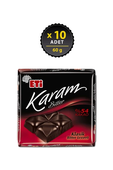 Eti Karam %54 Kakaolu Bitter Çikolata 60 g x 10 Adet ürün görseli 1