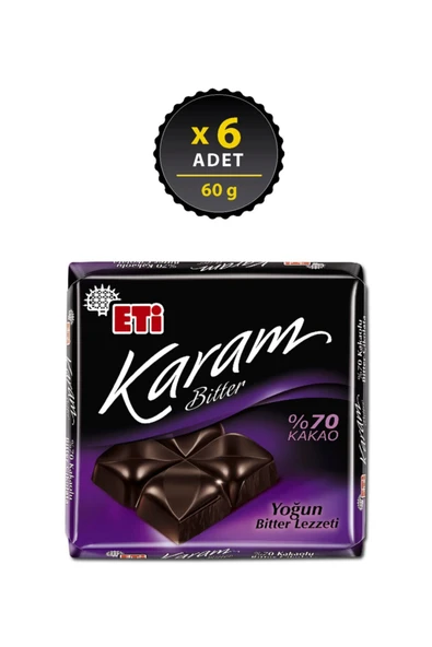 Eti Karam %70 Kakaolu Bitter Çikolata 60 g x 6 Adet ürün görseli 1