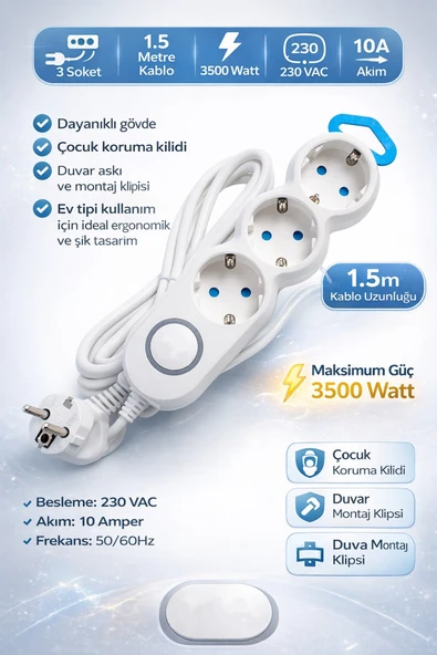 Anahtarlı Üçlü Çoklu Priz 1.5 Metre Kablolu 3500W Çocuk Korumalı Askı Aprat & Duvar Montajlı ürün görseli 1