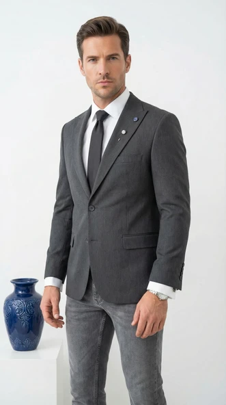 Erkek Blazer Ceket Twill Puntolu Kırlangıç Yaka 2 Düğmeli Çift Yırtmaçlı Slim Fit ürün görseli 1