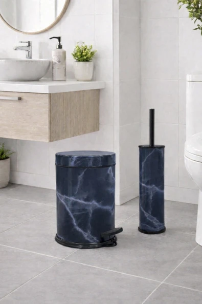 Lacivert Mermer Desenli 2'li Banyo Seti - Metal Çöp Kovası 3 Lt ve WC Fırçası Takımı ürün görseli 1