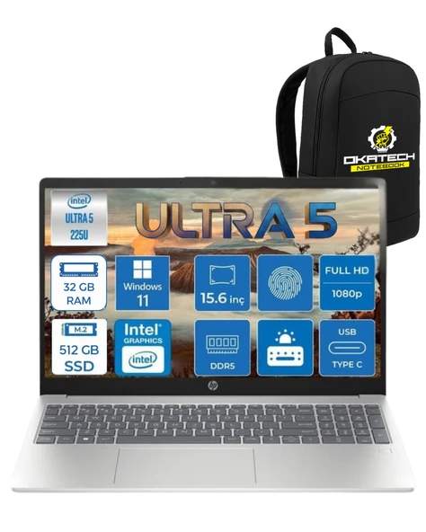 HP Laptop Intel Core Ultra 5 225U 32 GB Ddr5 512GB SSD  FHD IPS 300Nit WIN 11 HOME Taşınabilir Bilgisayar CK6C5EA+OKATECH ÇANTA ürün görseli 1