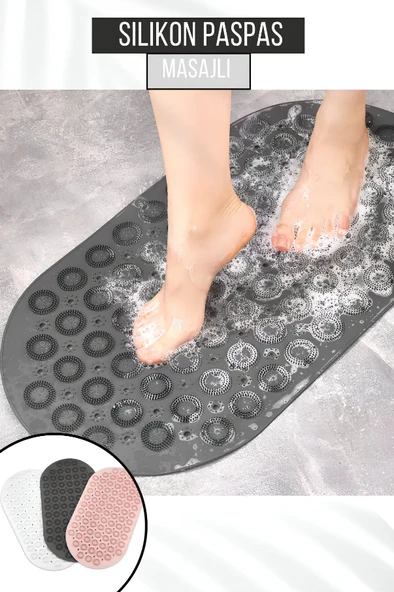 Silikon Kaydırmaz Taban Masajlı Duşakabin ve Banyo Paspası - Oval Banyo ve Küvet İçi Masajlı Paspas Antrasit Gri ürün görseli 1